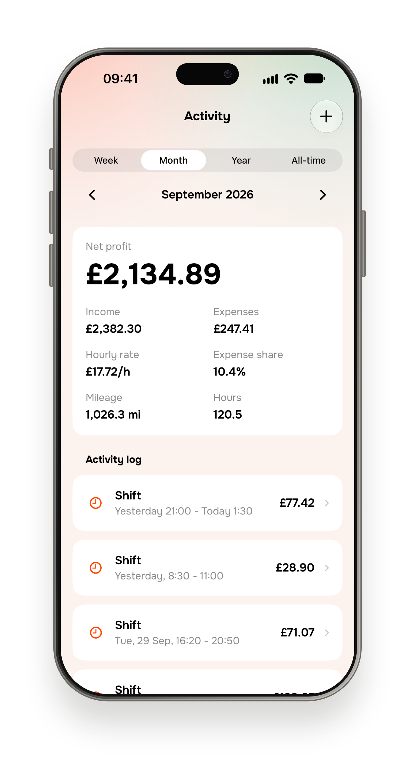 Thride activity log with saved shifts and an earnings summary