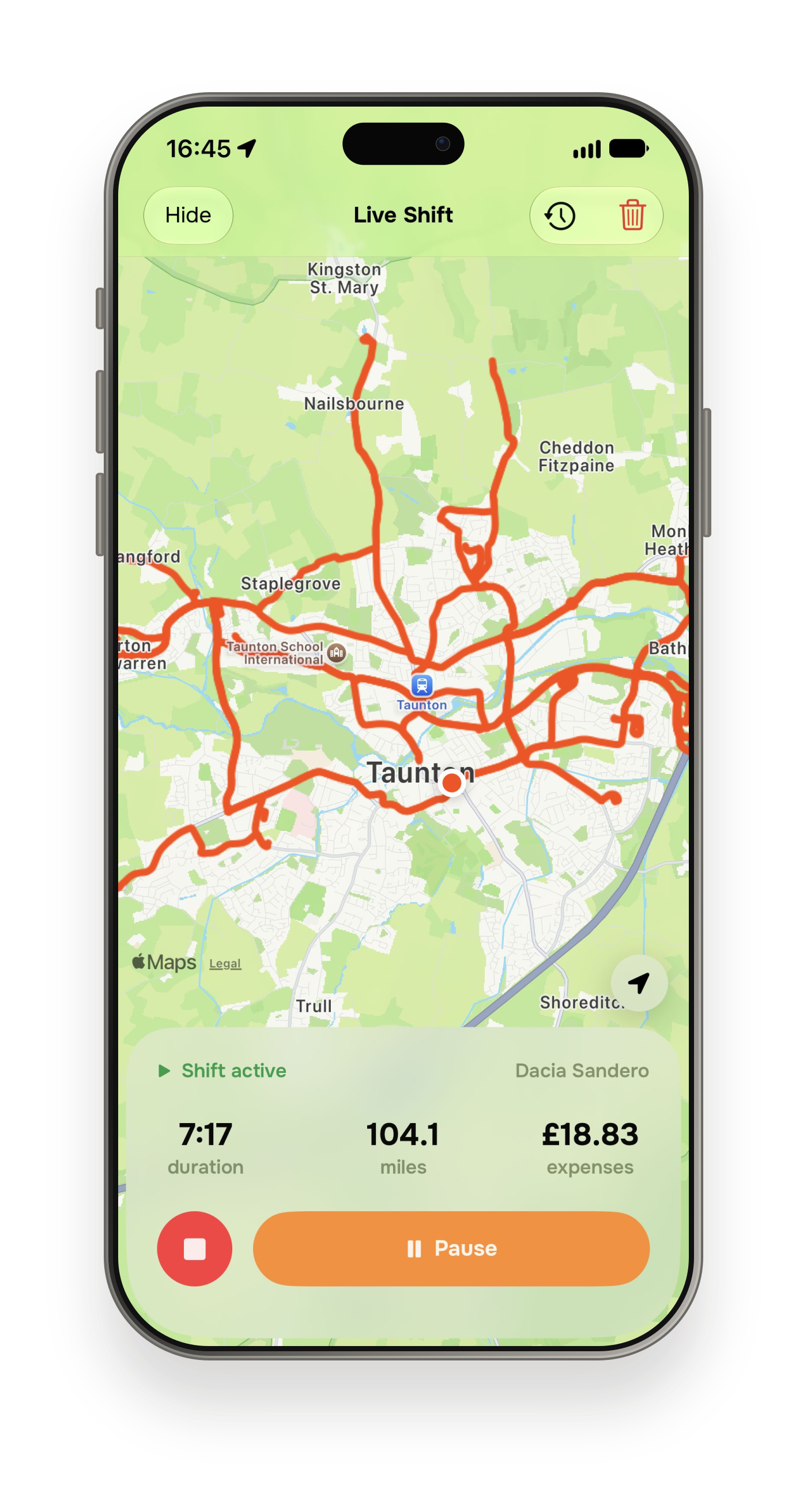 A real Thride shift around Taunton showing 7:17 duration, 104.1 miles and £18.83 in expenses