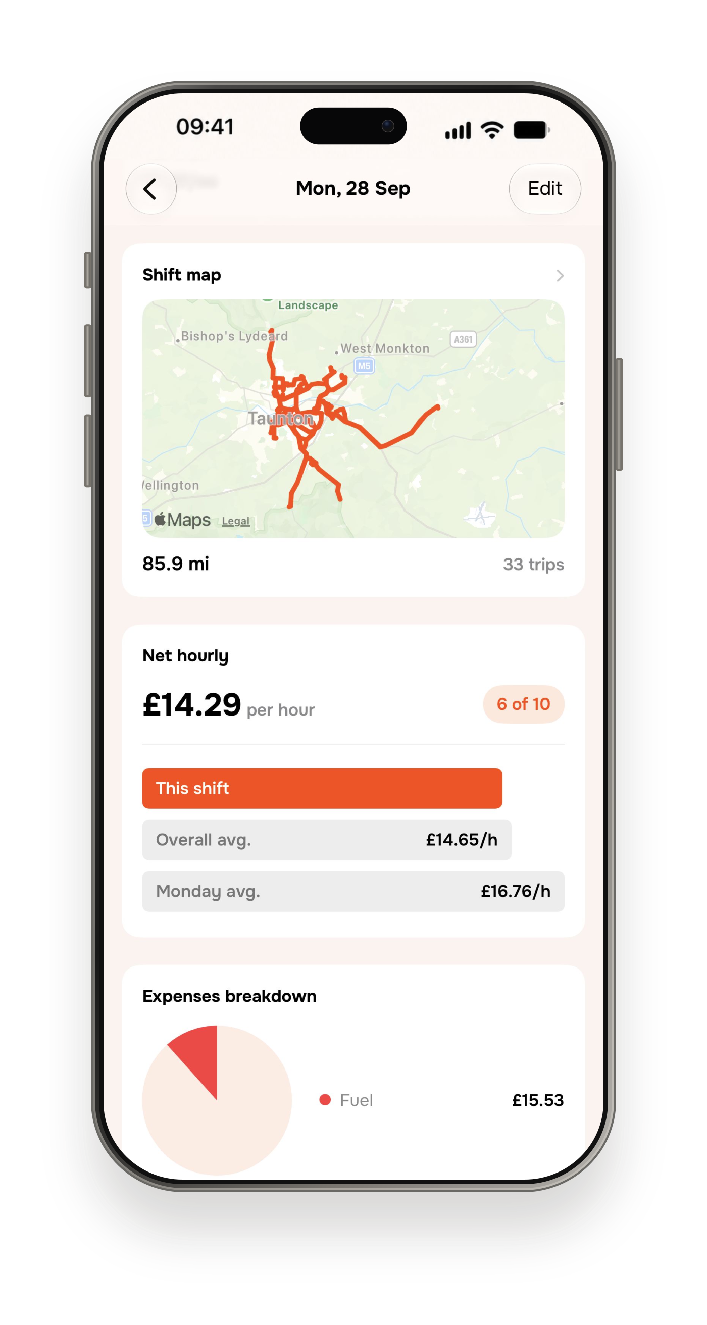 Thride shift detail showing a Taunton route, 85.9 miles, hourly-rate comparisons and fuel expenses